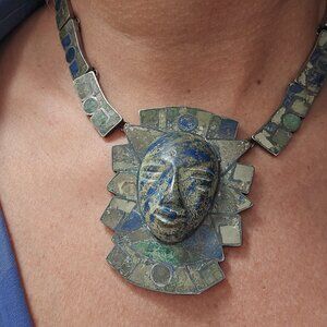 Sterling Silver Crushed Turquoise Face Figural Statement Pendant Necklace